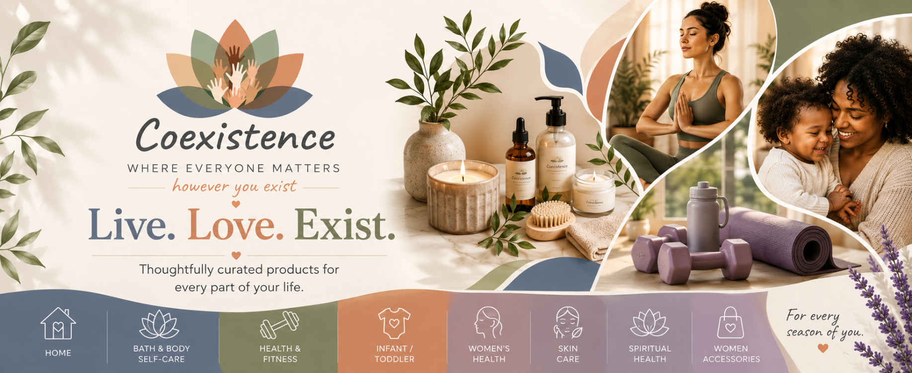 A promotional banner for Coexistence wellness products, featuring the brand logo, the phrases 'Live. Love.