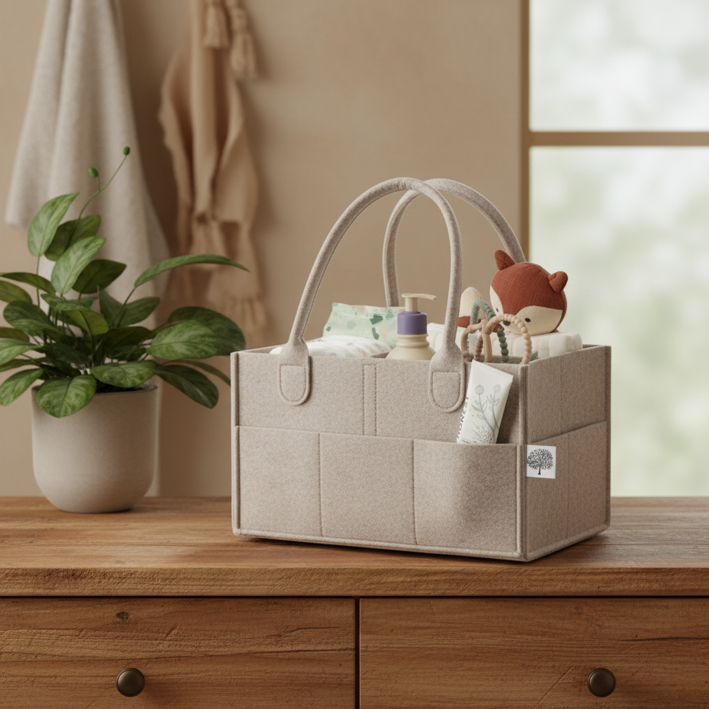 Felt diaper caddy styled in a warm boho nursery with natural light
